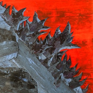 a close up of a cut-paper collage artwork of godzilla. this shows the different-sized spines down his back and the different textures used to achieve this - by chris cowdrill.